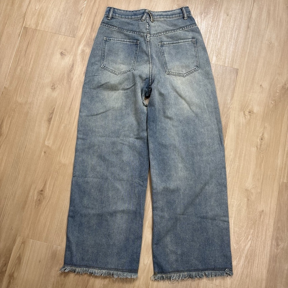 Y2K Super Wide Leg Flare Acid Wash Womens Jeans 28 High Waist Festival Frayed - Picture 3 of 9